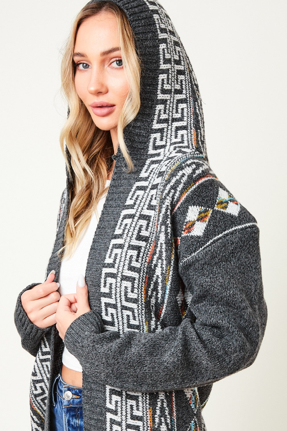 Aztec Pattern Long Sleeve Hooded Open Front Long Sweater Cardigan