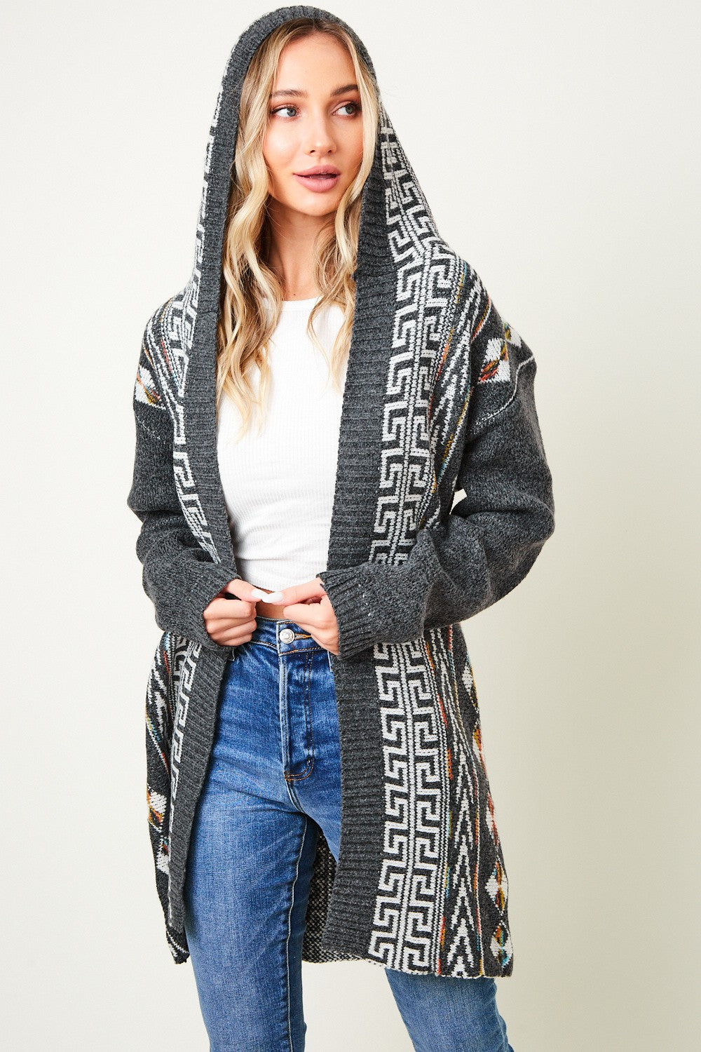 Aztec Pattern Long Sleeve Hooded Open Front Long Sweater Cardigan Plus Size