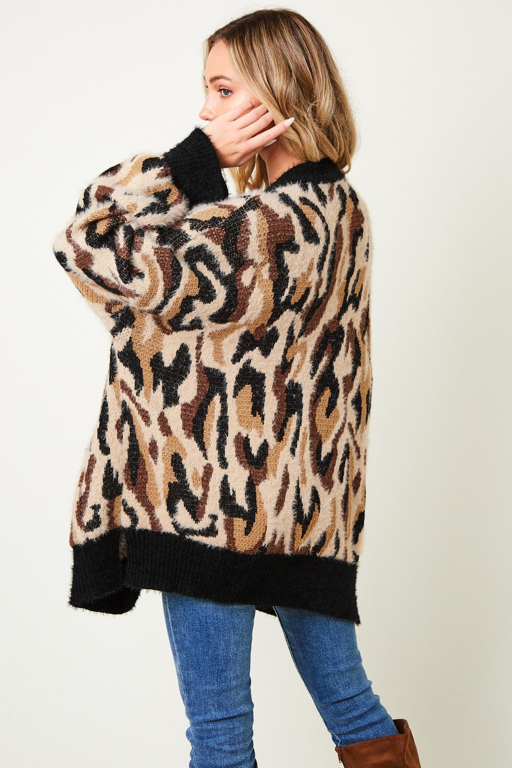 Leopard Pattern Button Down Long Sleeve Soft Loose Knit Sweater Cardigan