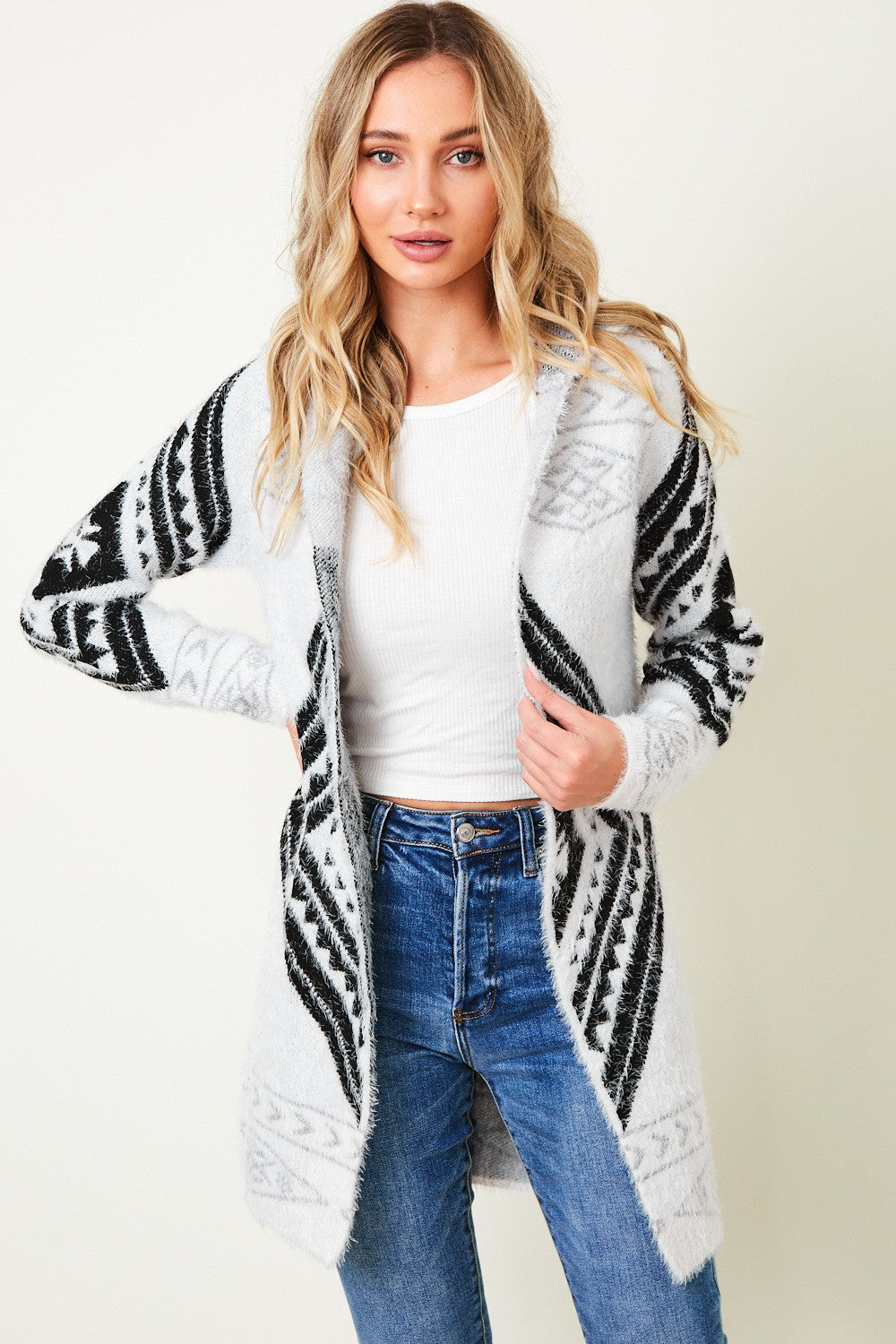 Aztec Pattern Hooded Fluffy Yarn Sweater Long Sleeve Open Front Cardigan