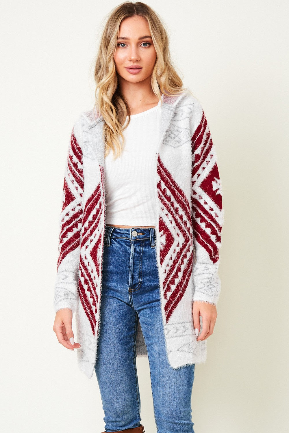 Aztec Pattern Hooded Fluffy Yarn Sweater Long Sleeve Open Front Cardigan