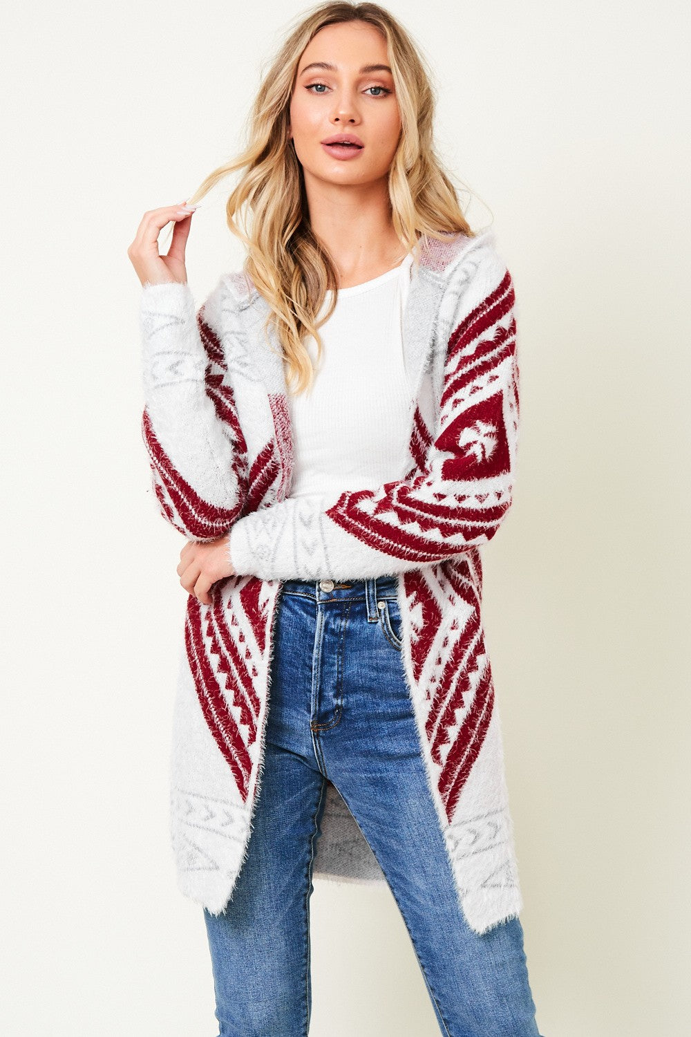 Aztec Pattern Hooded Fluffy Yarn Sweater Long Sleeve Open Front Cardigan