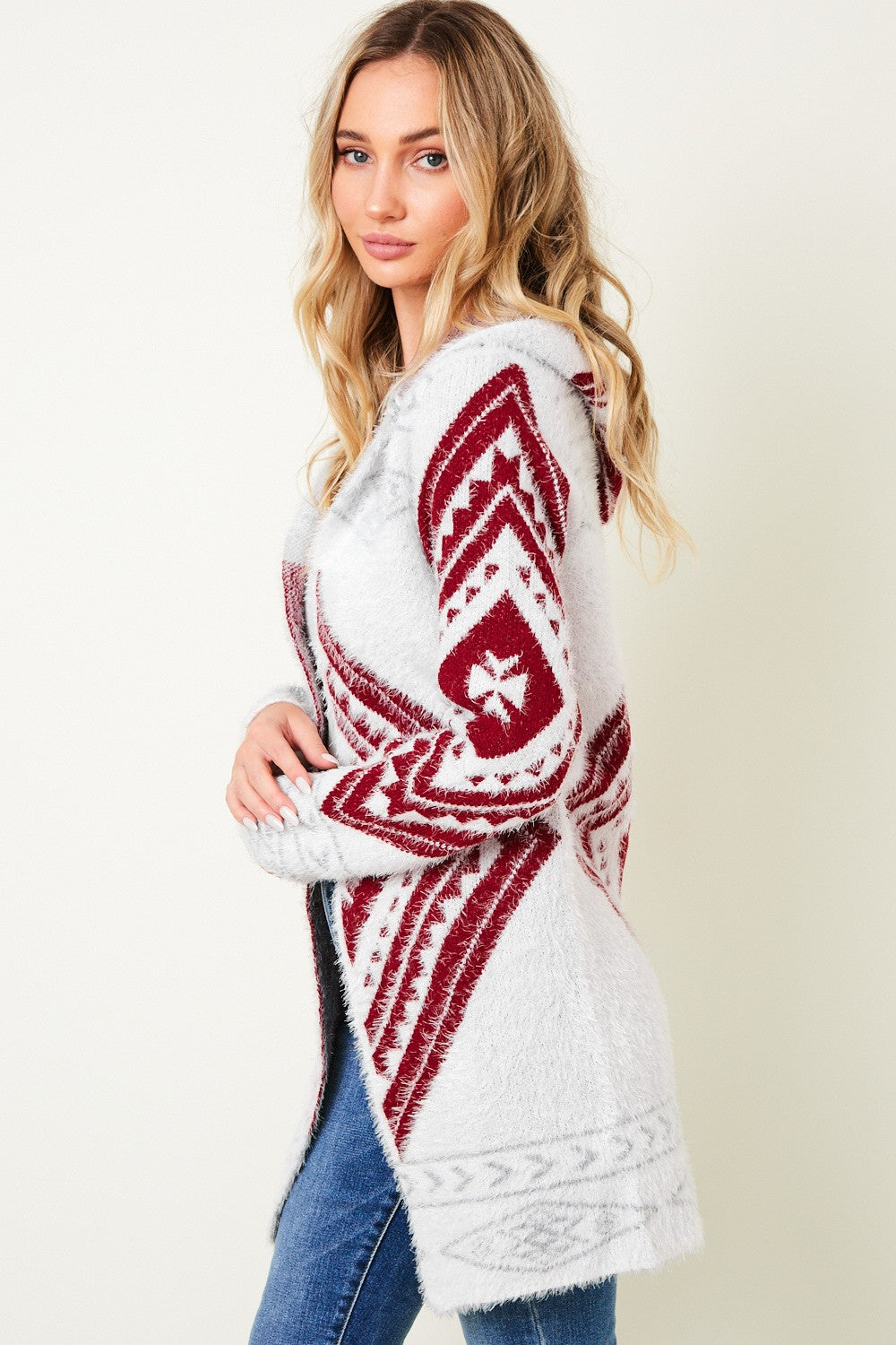 Aztec Pattern Hooded Fluffy Yarn Sweater Long Sleeve Open Front Cardigan