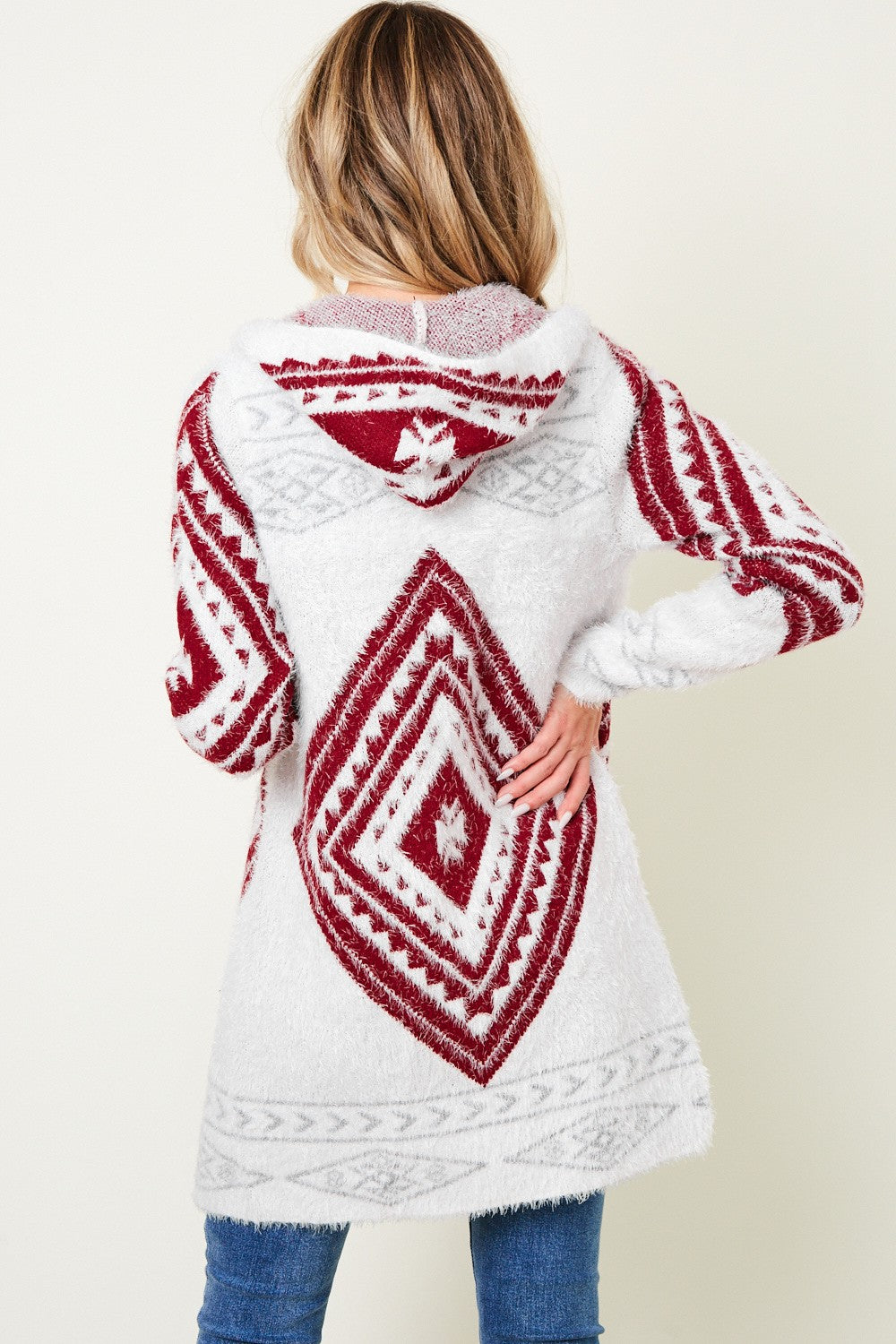 Aztec Pattern Hooded Fluffy Yarn Sweater Long Sleeve Open Front Cardigan