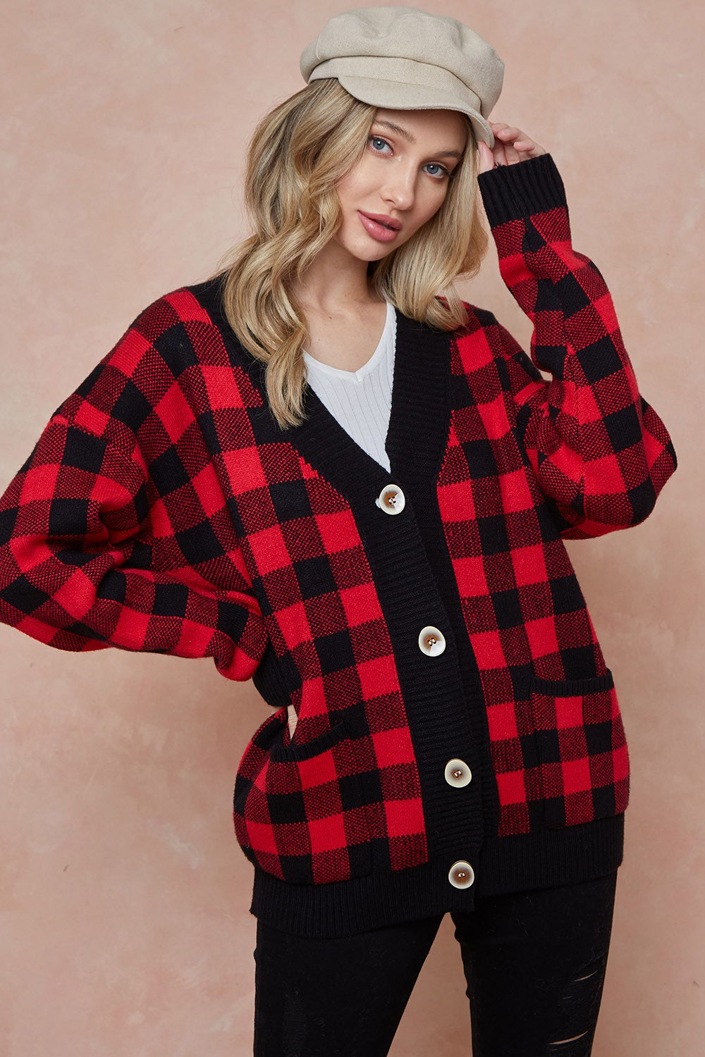 Gingham Check Button Down Long Sleeve Relaxed Sweater Cardigan