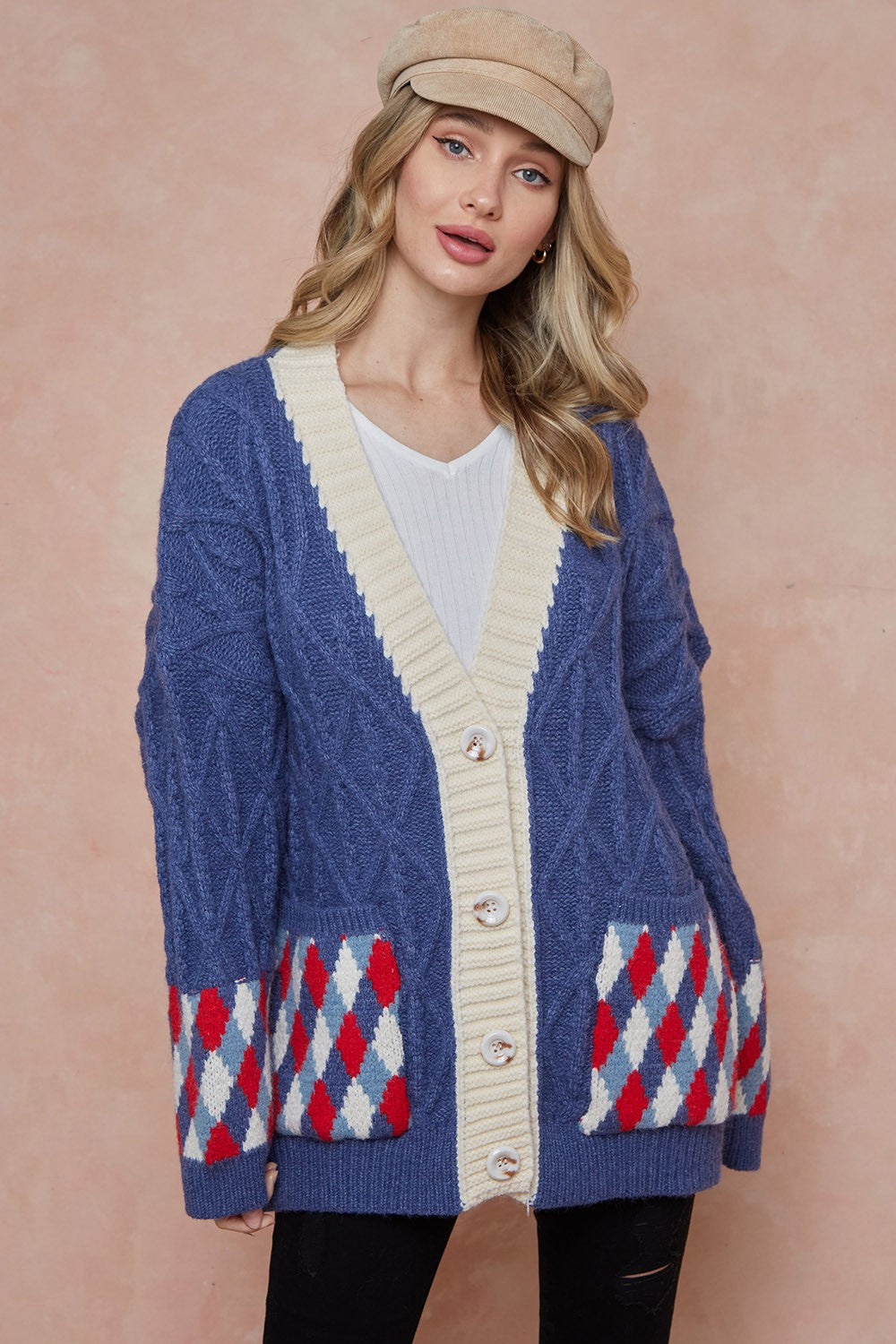 Women Oversized Cable Knit with Argyle Pattern Sweater cardigan