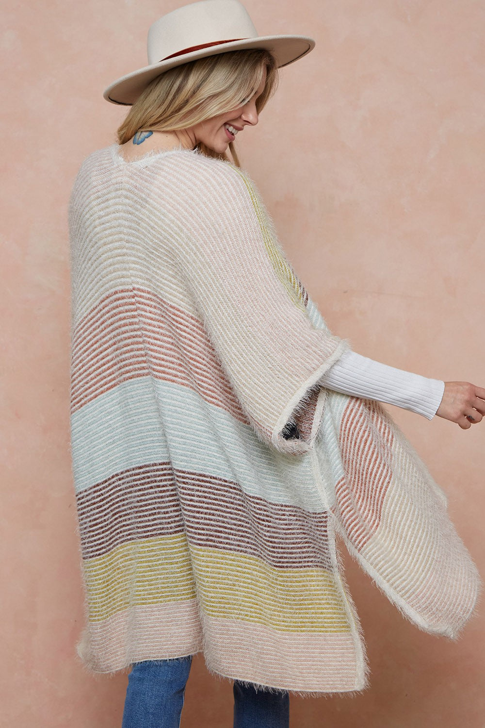 Color Block Stripe with Fluffy Yarn Kimomo Open Front Cardigan Sweater
