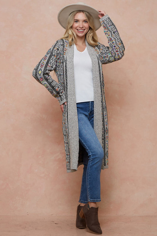 Aztec Pattern Long Sleeve Jacquard Open Front Long Cadigan Sweater Duster
