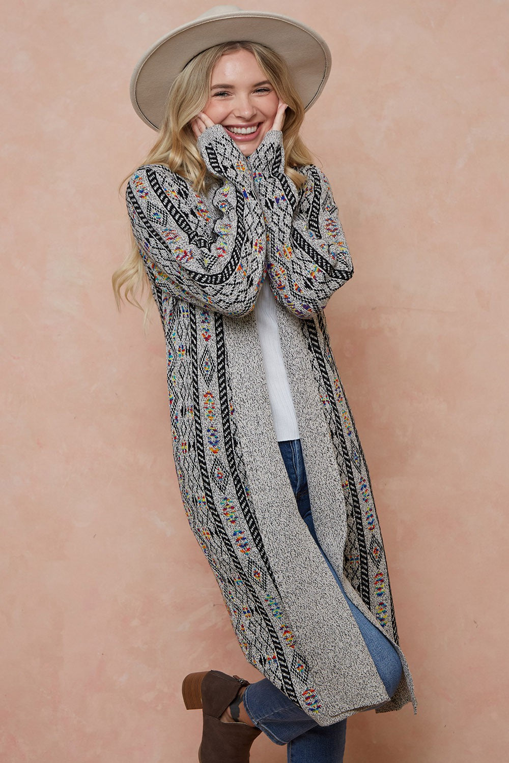 Aztec Pattern Long Sleeve Jacquard Open Front Long Cadigan Sweater Duster