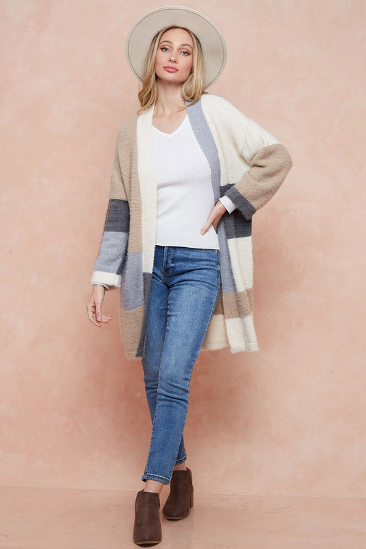 Color Blocked  Open Front Long Knit Sweater Cardigan