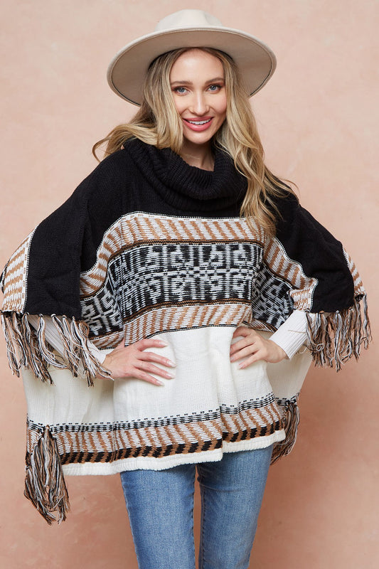 Cowl Neck Isle Batwing Poncho Sweater with Fringe