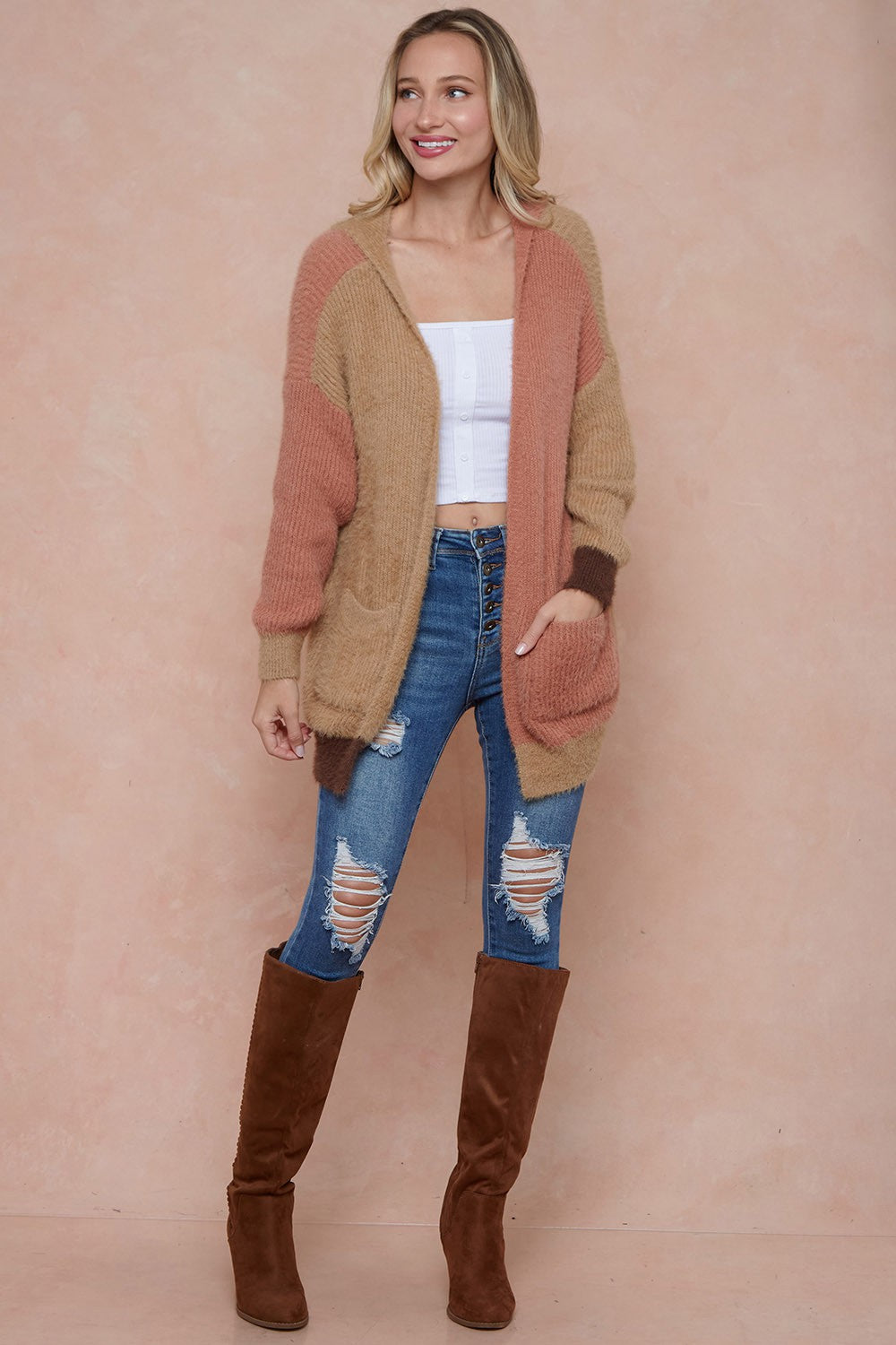 Color Block Hooded Fluffy Yarn Sweater Long Sleeve Open Front Cardigan