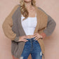 Color Block Hooded Fluffy Yarn Sweater Long Sleeve Open Front Cardigan