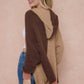 Color Block Hooded Fluffy Yarn Sweater Long Sleeve Open Front Cardigan