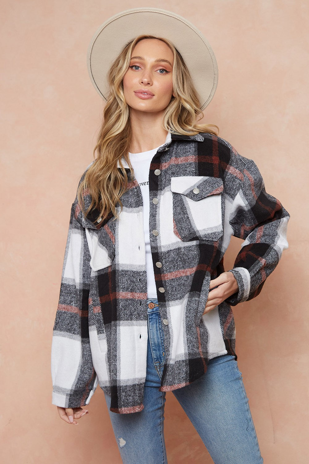 Brushed Flannel Plaid Lapel Button Down Shacket Shirt Jacket