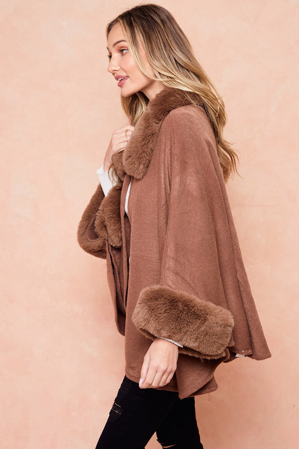 Batwing Sleeve Faux Fur Trimmed Poncho Sweater Cape