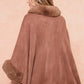 Batwing Sleeve Faux Fur Trimmed Poncho Sweater Cape