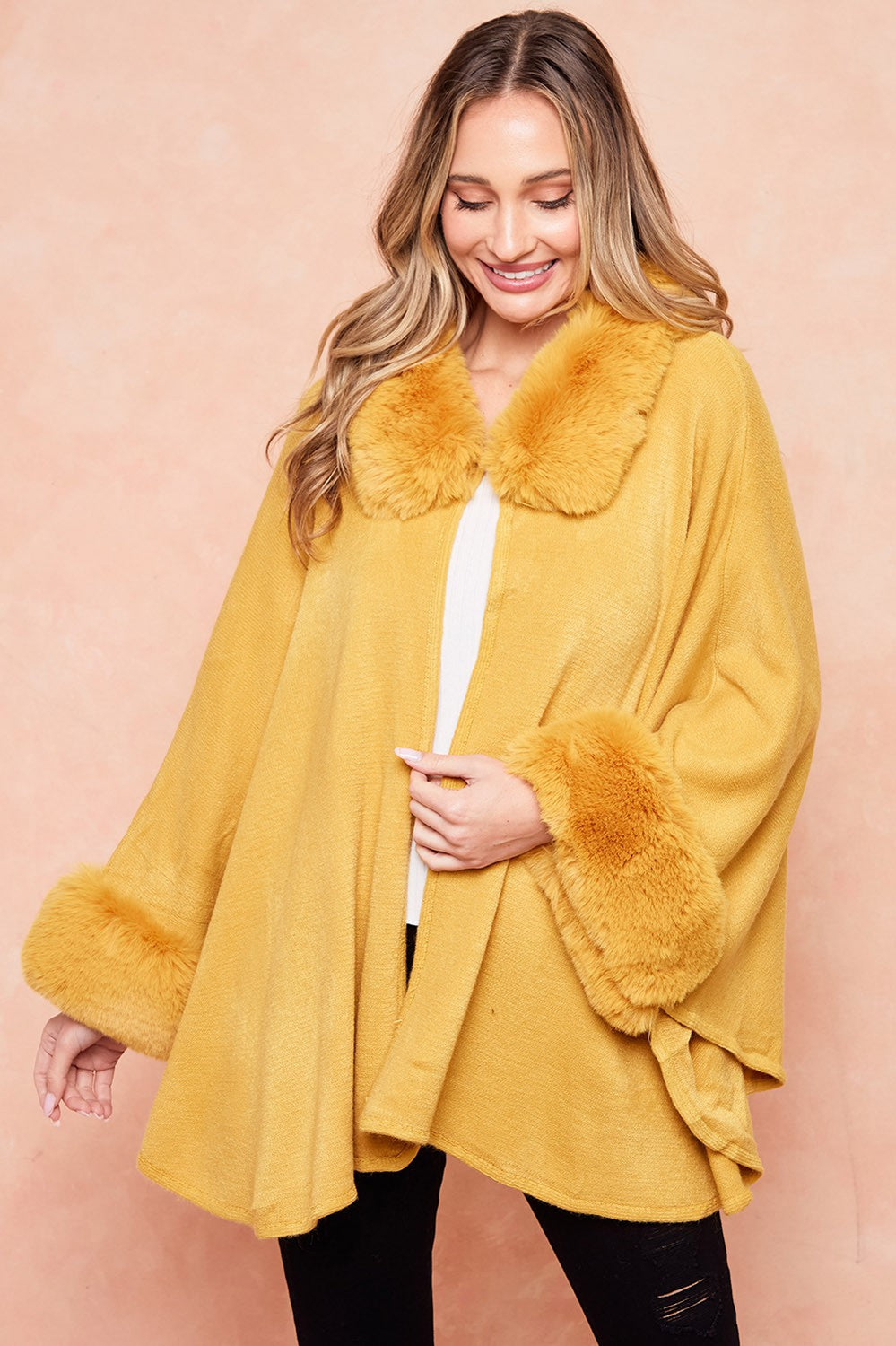 Batwing Sleeve Faux Fur Trimmed Poncho Sweater Cape