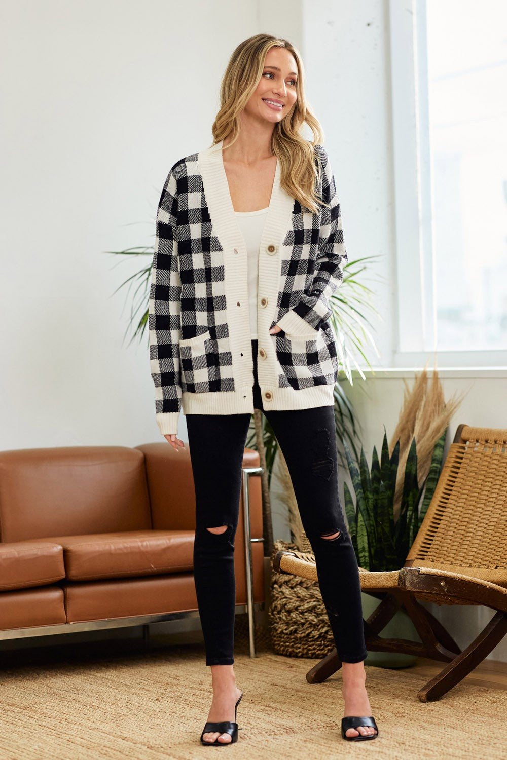 Gingham Check Button Down Long Sleeve Relaxed Sweater Cardigan