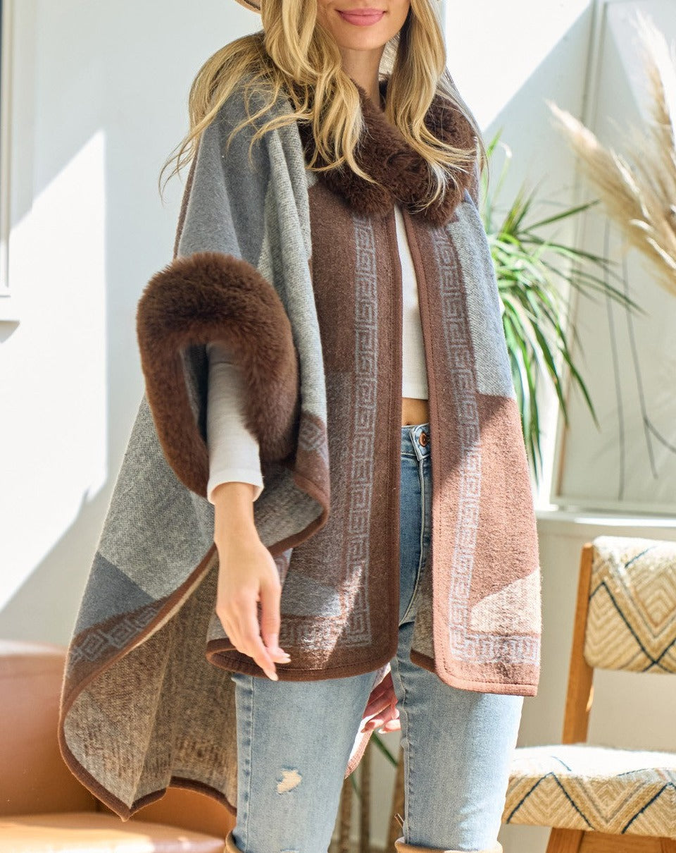 Brown Taupe & Grey Vertical Stripe Faux Fur Trim Cape Poncho