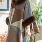 Brown Taupe & Grey Vertical Stripe Faux Fur Trim Cape Poncho