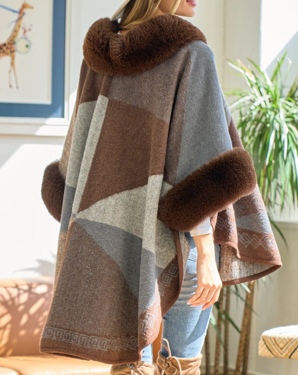 Brown Taupe & Grey Vertical Stripe Faux Fur Trim Cape Poncho