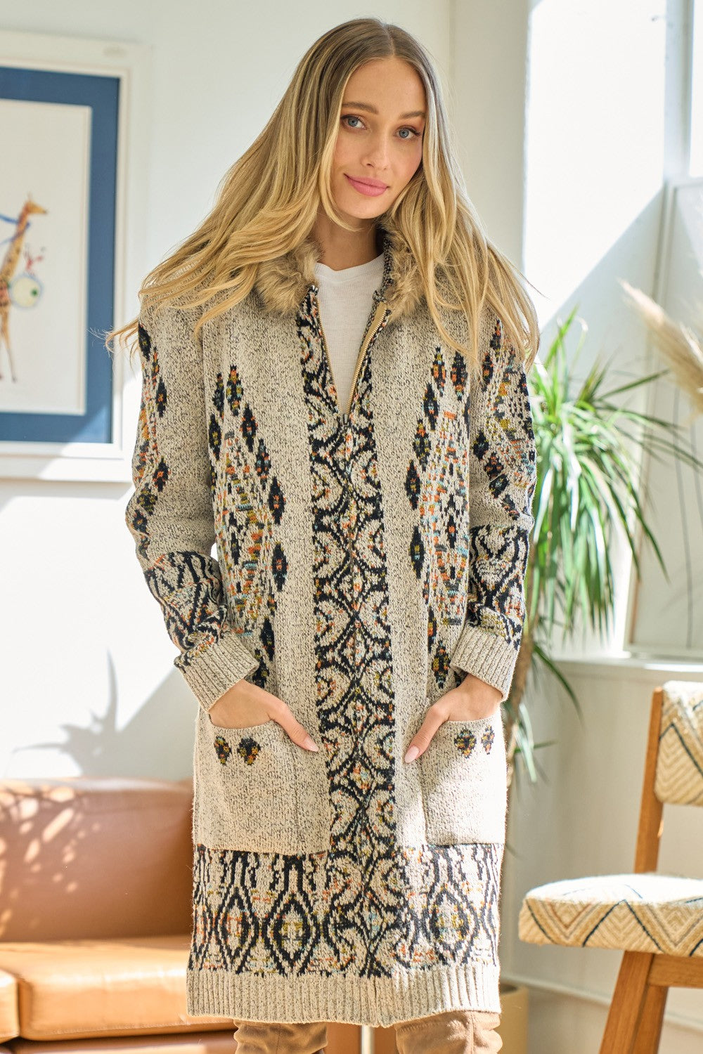 Aztec Pattern Long Sleeve Faux Fur Trim Hoodie Knit Cardigan Sweater