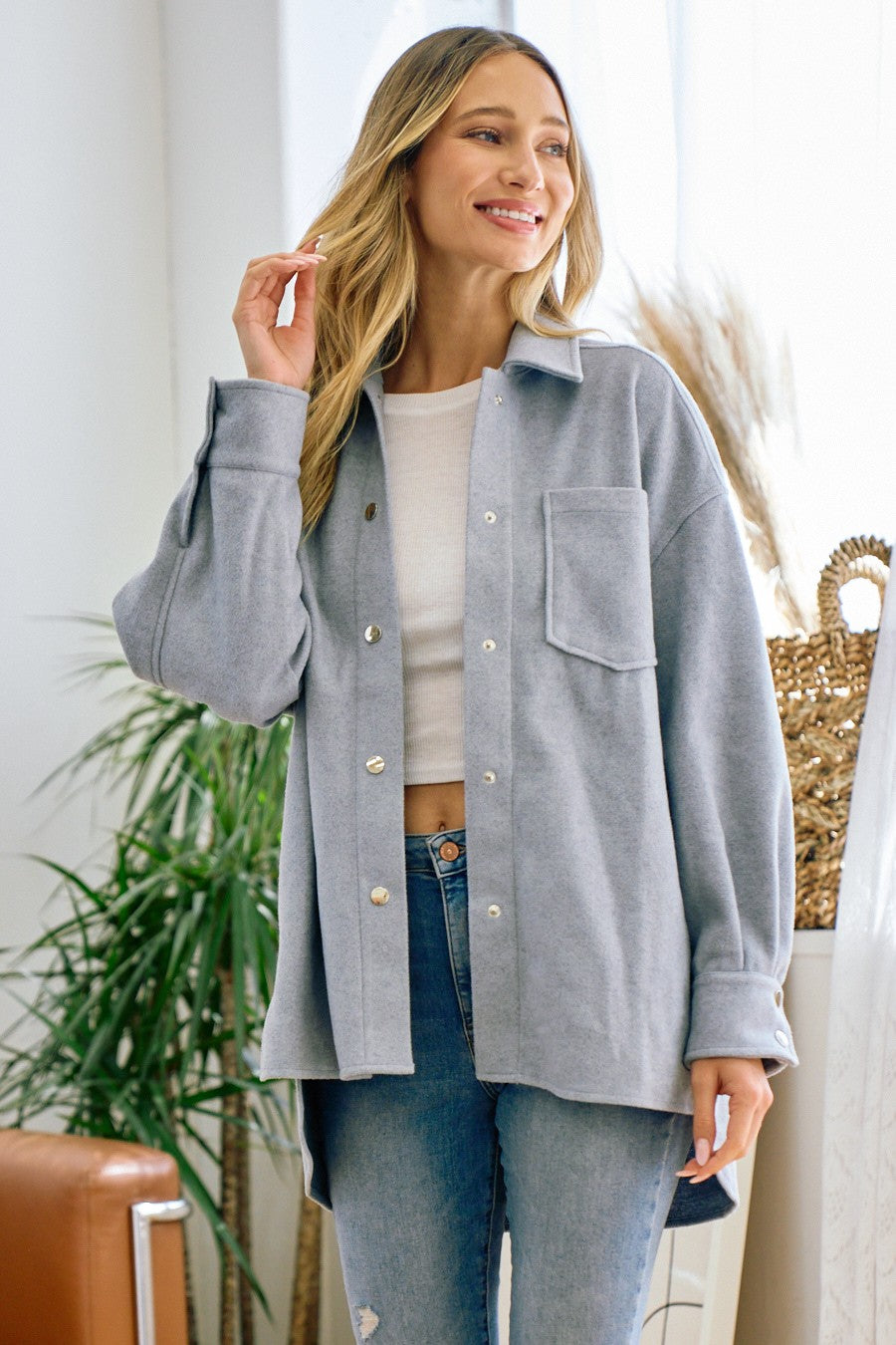 Brushed Flannel Lapel Button Down Pocketed Shacket