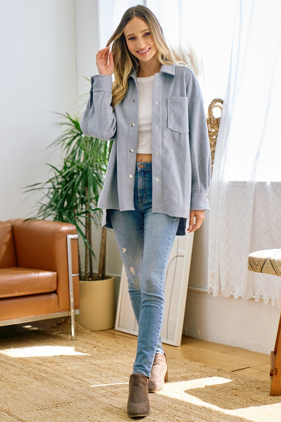Brushed Flannel Lapel Button Down Pocketed Shacket