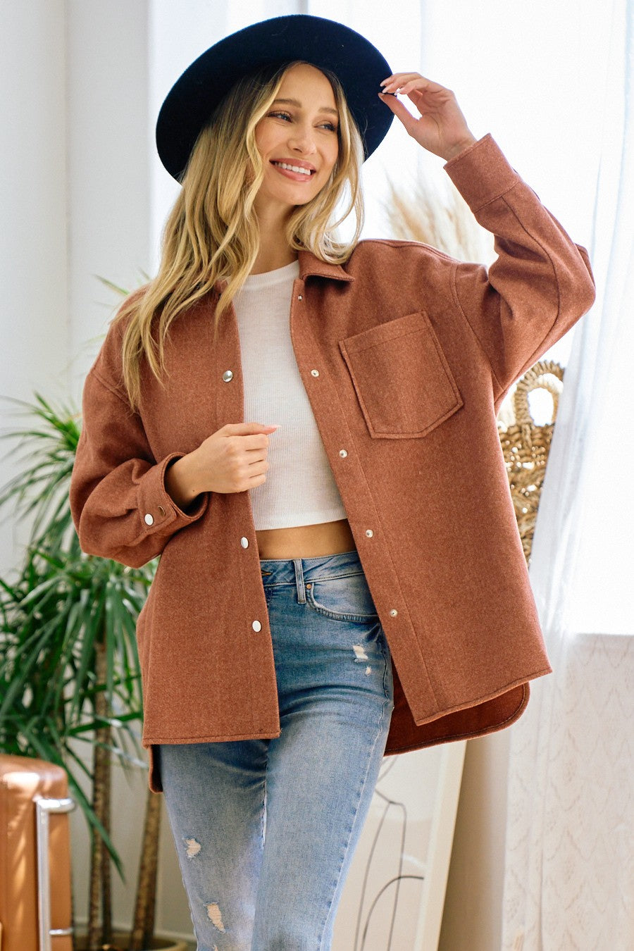 Brushed Flannel Lapel Button Down Pocketed Shacket
