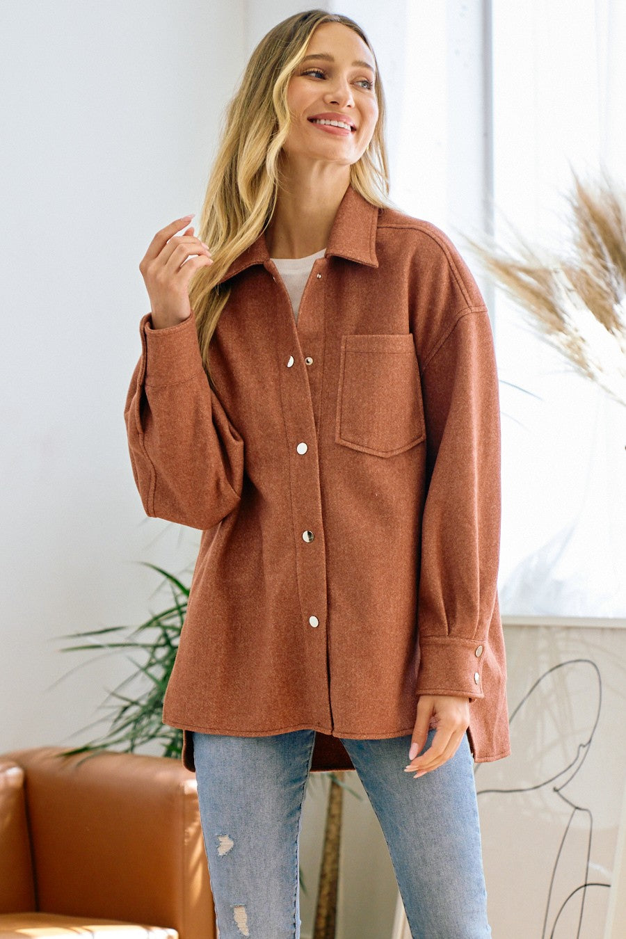 Brushed Flannel Lapel Button Down Pocketed Shacket