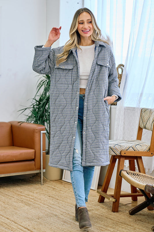 Women's Onion Quilted Checker Cotton Padded Long Coat