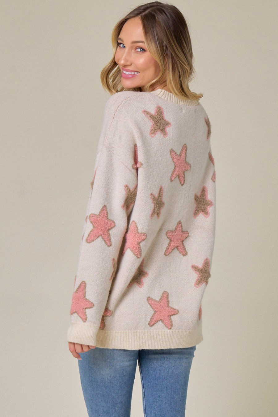 Women's Long Sleeve Crew Neck Star Printed Tunic Sweater