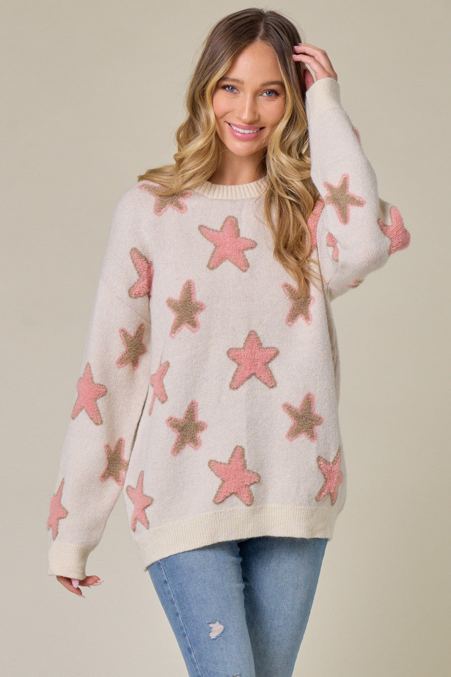 Women's Long Sleeve Crew Neck Star Printed Tunic Sweater
