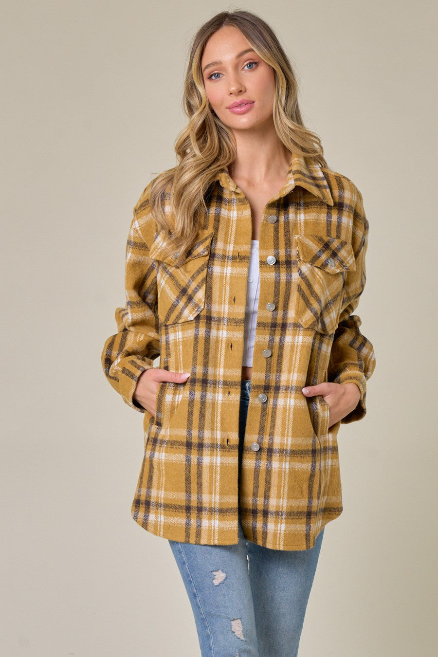 Brushed Flannel Plaid Lapel Button Down Shacket Shirt Jacket