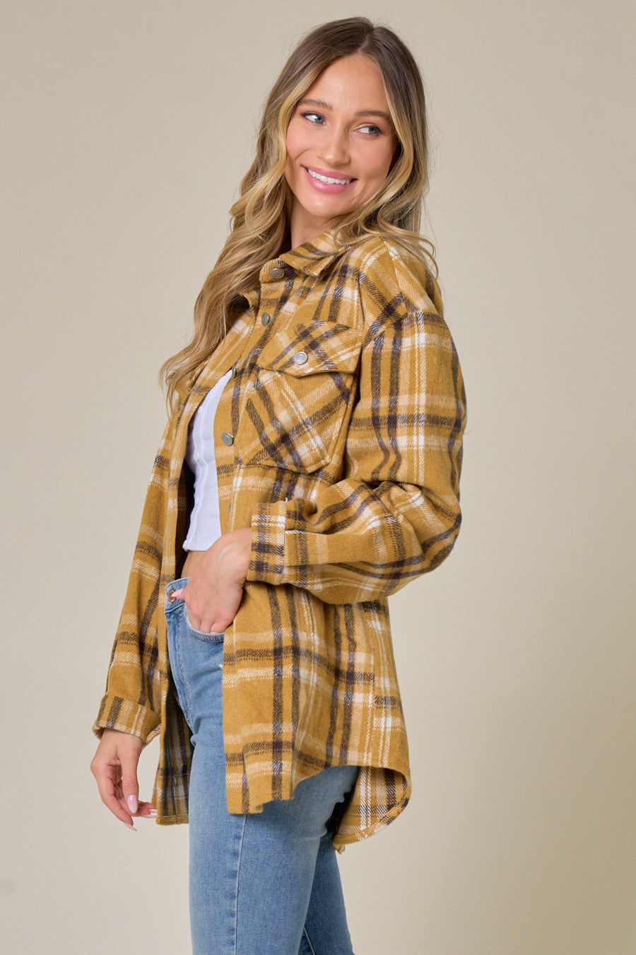 Brushed Flannel Plaid Lapel Button Down Shacket Shirt Jacket