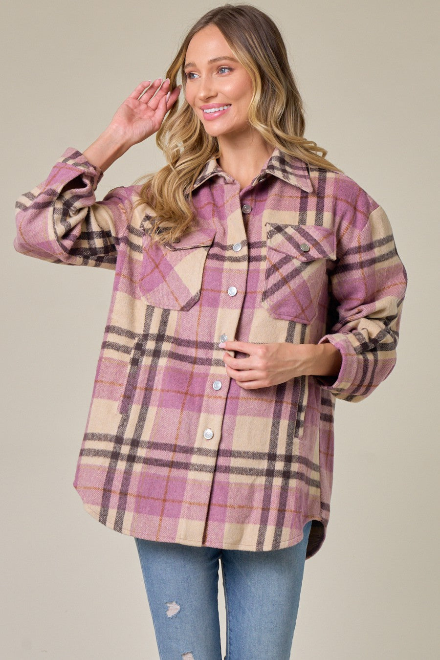 Brushed Flannel Plaid Lapel Button Down Shacket Shirt Jacket