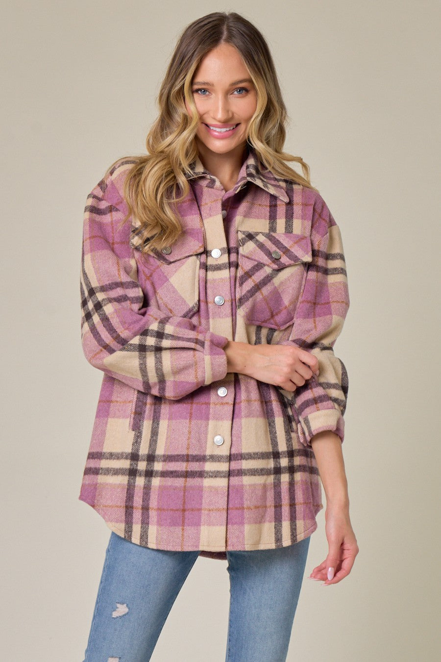 Brushed Flannel Plaid Lapel Button Down Shacket Shirt Jacket
