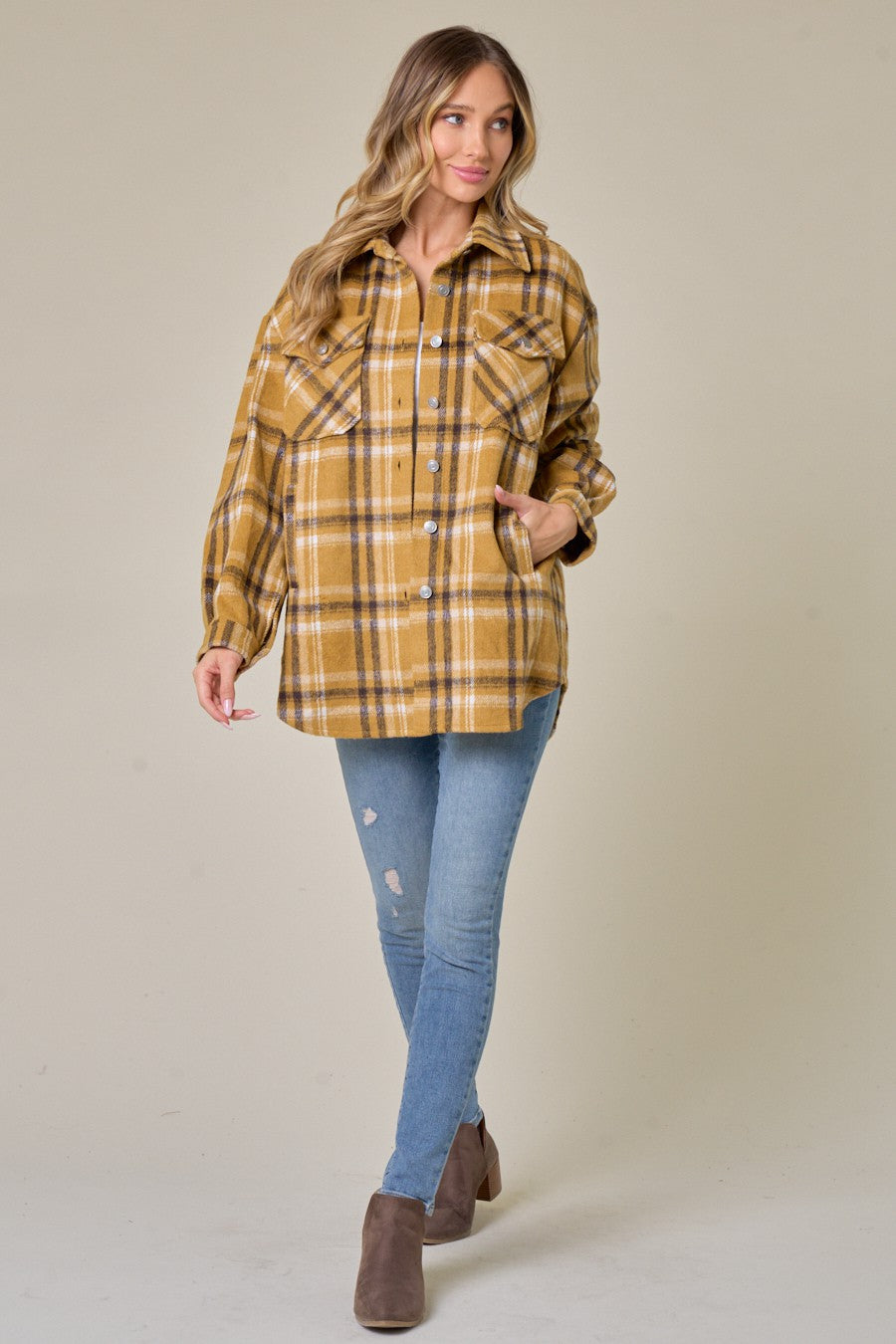 Brushed Flannel Plaid Lapel Button Down Shacket Shirt Jacket