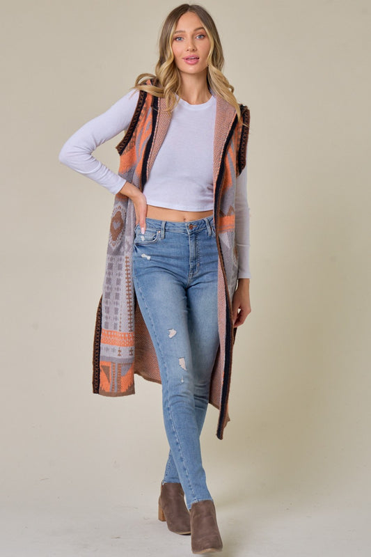 Grey Orange Aztec Pattern Hooded Long Knit Sweater Open Front Vest