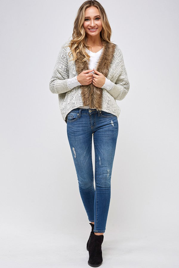 Sweater Cardigan with Faux Fur Trimmed Neck