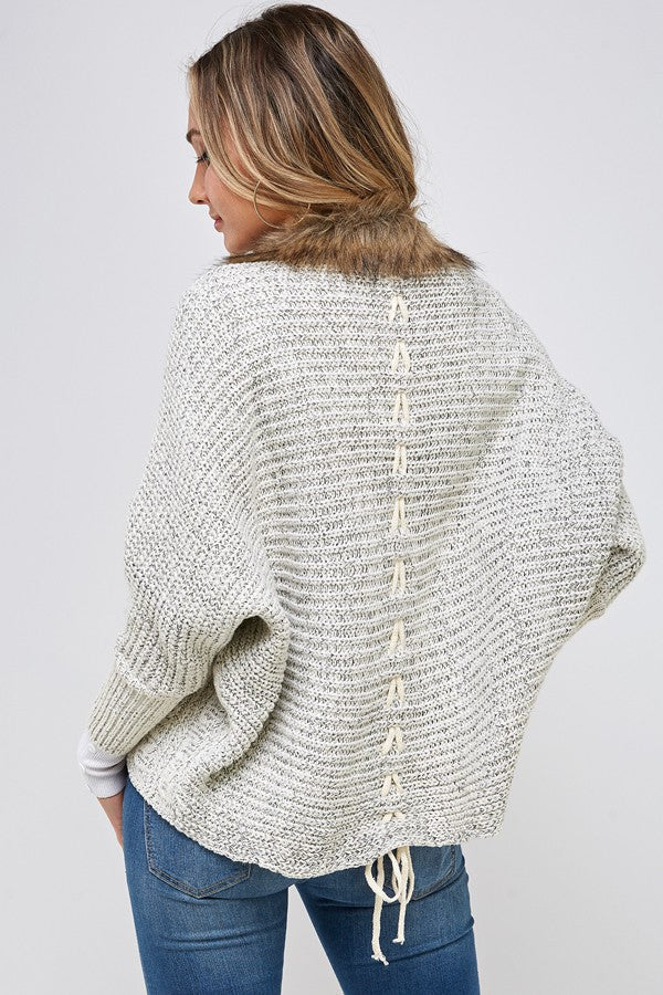 Sweater Cardigan with Faux Fur Trimmed Neck