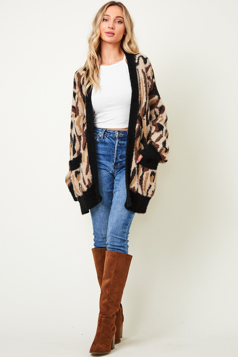 Leopard Pattern Button Down Long Sleeve Soft Loose Knit Sweater Cardigan