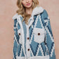 Rhombus Patterned Long Sleeve Sherpa Lined Sweater Jacket