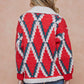 Rhombus Patterned Long Sleeve Sherpa Lined Sweater Jacket