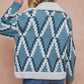 Rhombus Patterned Long Sleeve Sherpa Lined Sweater Jacket