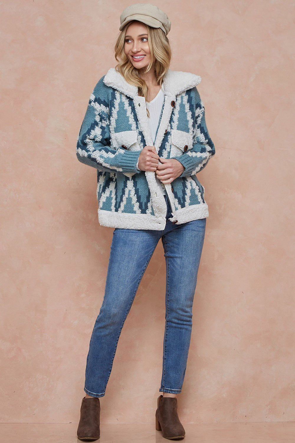 Rhombus Patterned Long Sleeve Sherpa Lined Sweater Jacket