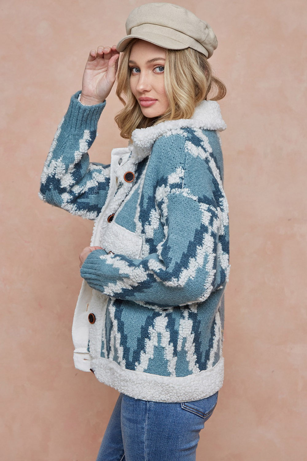 Rhombus Patterned Long Sleeve Sherpa Lined Sweater Jacket