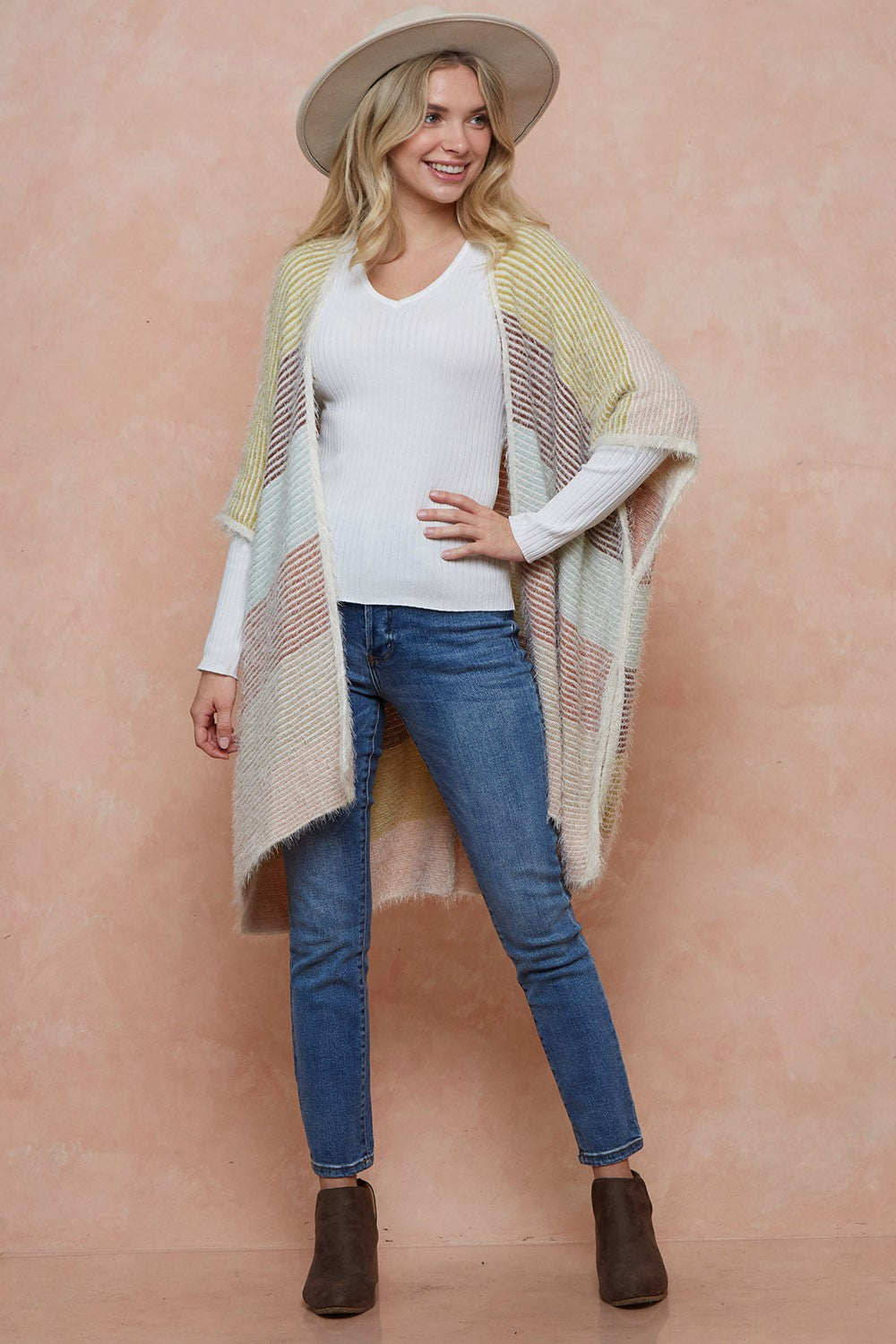 Color Block Stripe with Fluffy Yarn Kimomo Open Front Cardigan Sweater