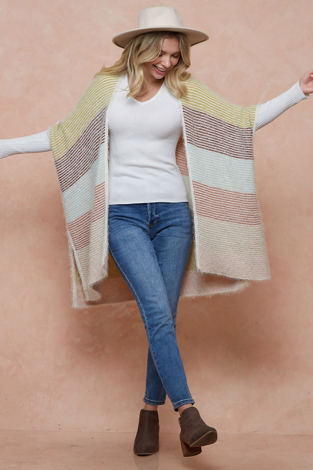 Color Block Stripe with Fluffy Yarn Kimomo Open Front Cardigan Sweater